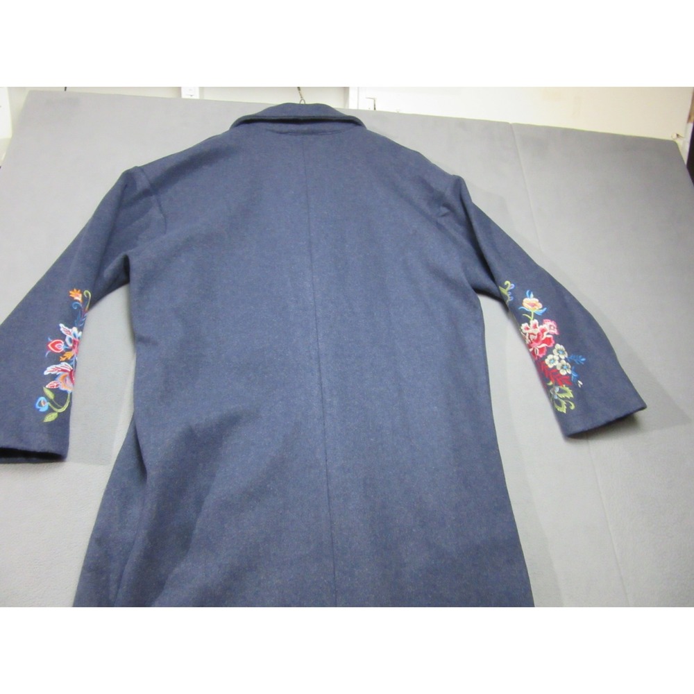 Trench Coat Jacket Women XL Blue Floral Vibrant Embroidered Longline Blazer - Picture 13 of 15